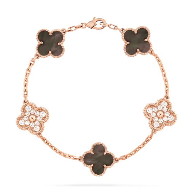 Rose Gold Grey Mother of Pearl Clover Crystal Bracelet