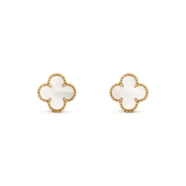 Gold Clover Motif Mother of pearl Earrings, Leverback